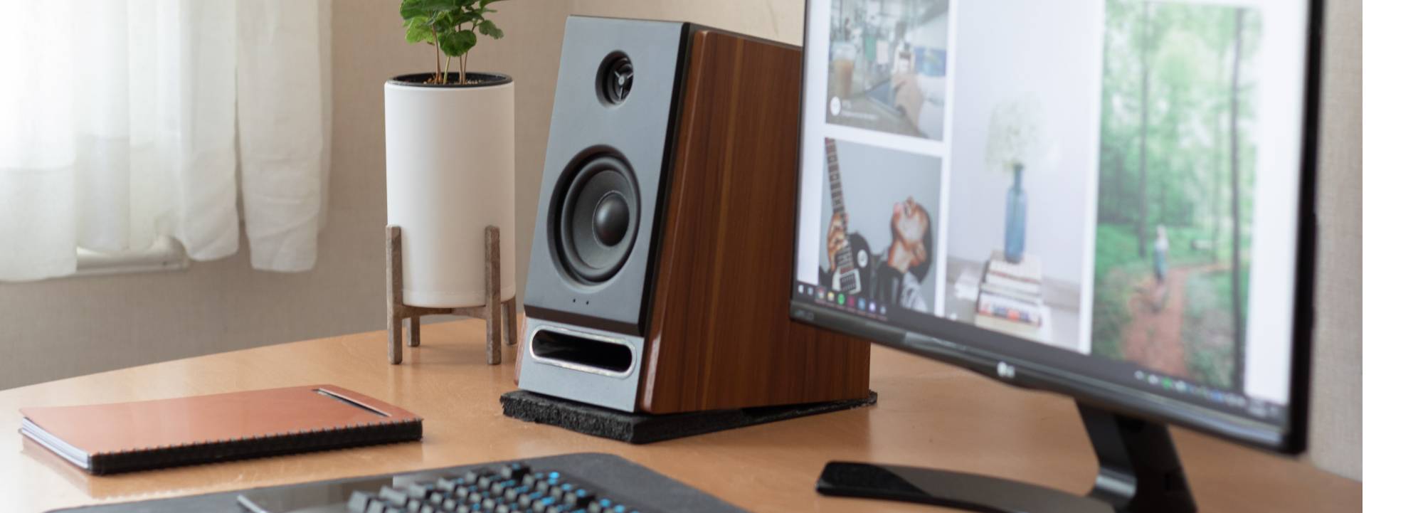 Computer monitor next to a speaker